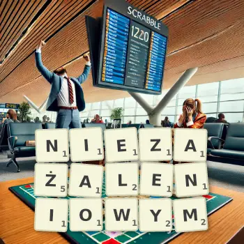 Kreatywna ilustracja do gry w Scrabble ze słowem NIEZAŻALENIOWYM ułożonym z płytek na planszy.