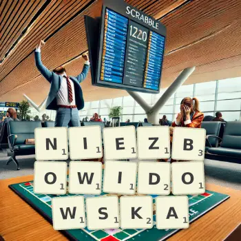 Kreatywna ilustracja do gry w Scrabble ze słowem NIEZBOWIDOWSKA ułożonym z płytek na planszy.