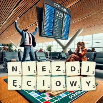 Kreatywna ilustracja do gry w Scrabble ze słowem NIEZDJĘCIOWY ułożonym z płytek na planszy.