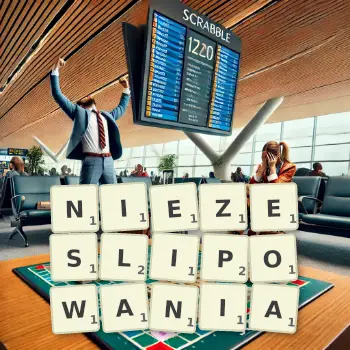 Kreatywna ilustracja do gry w Scrabble ze słowem NIEZESLIPOWANIA ułożonym z płytek na planszy.
