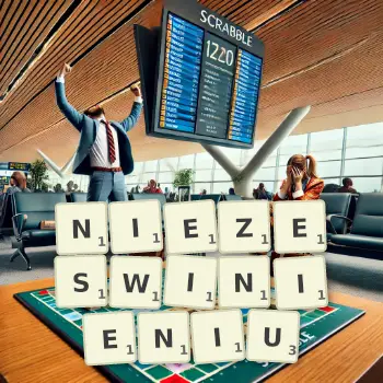 Kreatywna ilustracja do gry w Scrabble ze słowem NIEZESWINIENIU ułożonym z płytek na planszy.