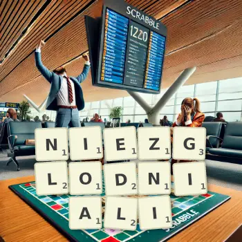 Kreatywna ilustracja do gry w Scrabble ze słowem NIEZGLODNIALI ułożonym z płytek na planszy.