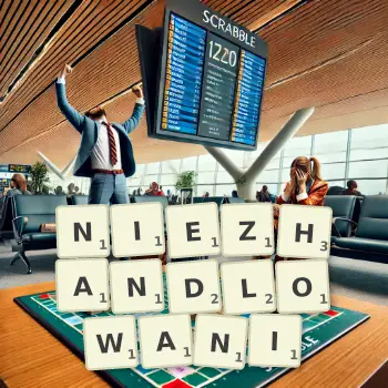 Kreatywna ilustracja do gry w Scrabble ze słowem NIEZHANDLOWANI ułożonym z płytek na planszy.