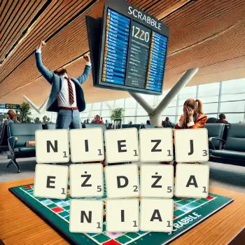Kreatywna ilustracja do gry w Scrabble ze słowem NIEZJEŻDŻANIA ułożonym z płytek na planszy.