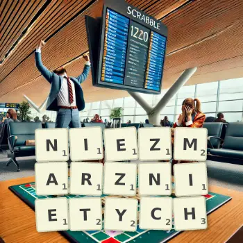 Kreatywna ilustracja do gry w Scrabble ze słowem NIEZMARZNIETYCH ułożonym z płytek na planszy.
