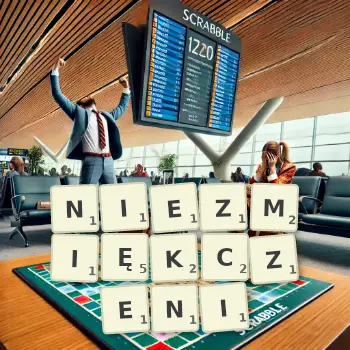 Kreatywna ilustracja do gry w Scrabble ze słowem NIEZMIĘKCZENI ułożonym z płytek na planszy.