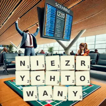 Kreatywna ilustracja do gry w Scrabble ze słowem NIEZRYCHTOWANY ułożonym z płytek na planszy.