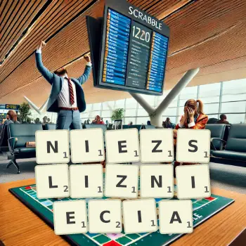 Kreatywna ilustracja do gry w Scrabble ze słowem NIEZSLIZNIECIA ułożonym z płytek na planszy.