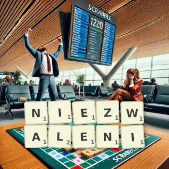 Kreatywna ilustracja do gry w Scrabble ze słowem NIEZWALENI ułożonym z płytek na planszy.