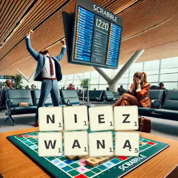 Kreatywna ilustracja do gry w Scrabble ze słowem NIEZWANĄ ułożonym z płytek na planszy.