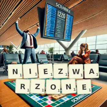 Kreatywna ilustracja do gry w Scrabble ze słowem NIEZWARZONE ułożonym z płytek na planszy.
