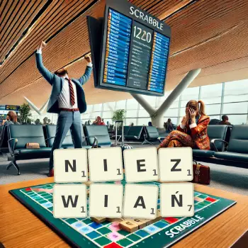Kreatywna ilustracja do gry w Scrabble ze słowem NIEZWIAŃ ułożonym z płytek na planszy.