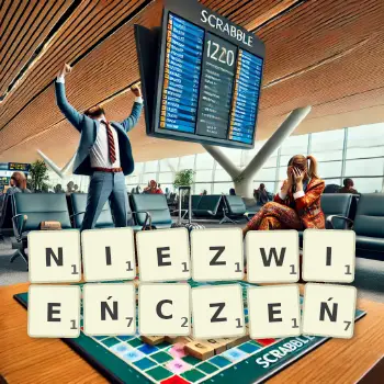 Kreatywna ilustracja do gry w Scrabble ze słowem NIEZWIEŃCZEŃ ułożonym z płytek na planszy.