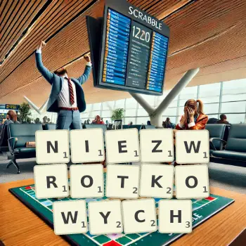 Kreatywna ilustracja do gry w Scrabble ze słowem NIEZWROTKOWYCH ułożonym z płytek na planszy.