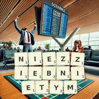 Kreatywna ilustracja do gry w Scrabble ze słowem NIEZZIEBNIETYM ułożonym z płytek na planszy.