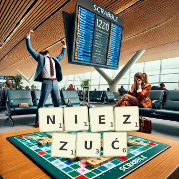 Kreatywna ilustracja do gry w Scrabble ze słowem NIEZZUĆ ułożonym z płytek na planszy.