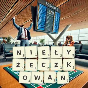 Kreatywna ilustracja do gry w Scrabble ze słowem NIEŁYŻECZKOWAŃ ułożonym z płytek na planszy.