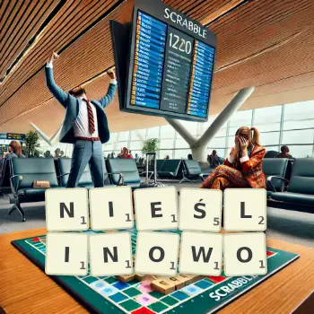 Kreatywna ilustracja do gry w Scrabble ze słowem NIEŚLINOWO ułożonym z płytek na planszy.