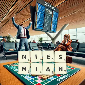 Kreatywna ilustracja do gry w Scrabble ze słowem NIEŚMIAŃ ułożonym z płytek na planszy.