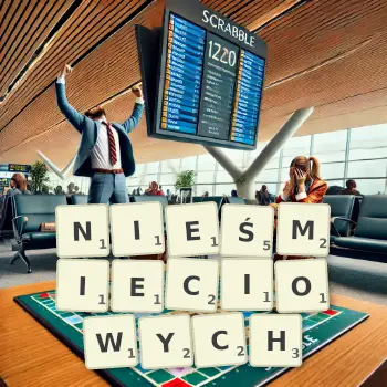Kreatywna ilustracja do gry w Scrabble ze słowem NIEŚMIECIOWYCH ułożonym z płytek na planszy.