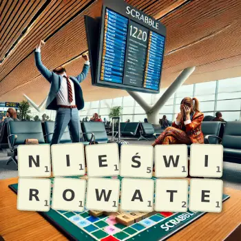 Kreatywna ilustracja do gry w Scrabble ze słowem NIEŚWIROWATE ułożonym z płytek na planszy.
