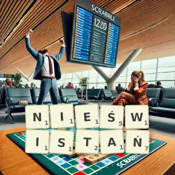 Kreatywna ilustracja do gry w Scrabble ze słowem NIEŚWISTAŃ ułożonym z płytek na planszy.