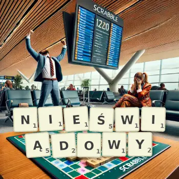 Kreatywna ilustracja do gry w Scrabble ze słowem NIEŚWIĄDOWY ułożonym z płytek na planszy.