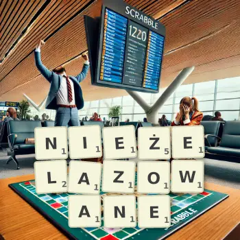 Kreatywna ilustracja do gry w Scrabble ze słowem NIEŻELAZOWANE ułożonym z płytek na planszy.