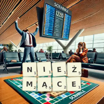 Kreatywna ilustracja do gry w Scrabble ze słowem NIEŻMĄCE ułożonym z płytek na planszy.