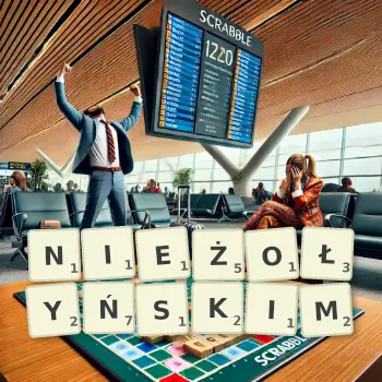 Kreatywna ilustracja do gry w Scrabble ze słowem NIEŻOŁYŃSKIM ułożonym z płytek na planszy.