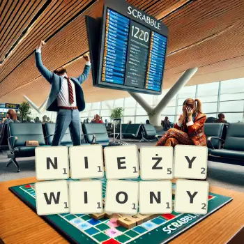 Kreatywna ilustracja do gry w Scrabble ze słowem NIEŻYWIONY ułożonym z płytek na planszy.