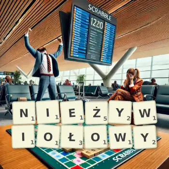 Kreatywna ilustracja do gry w Scrabble ze słowem NIEŻYWIOŁOWY ułożonym z płytek na planszy.