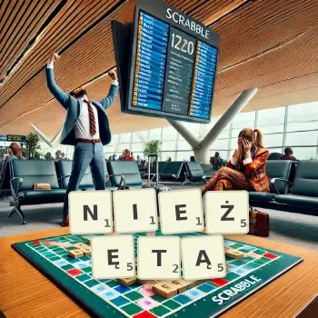 Kreatywna ilustracja do gry w Scrabble ze słowem NIEŻĘTĄ ułożonym z płytek na planszy.