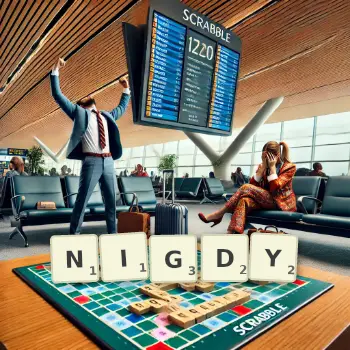 Kreatywna ilustracja do gry w Scrabble ze słowem NIGDY ułożonym z płytek na planszy.