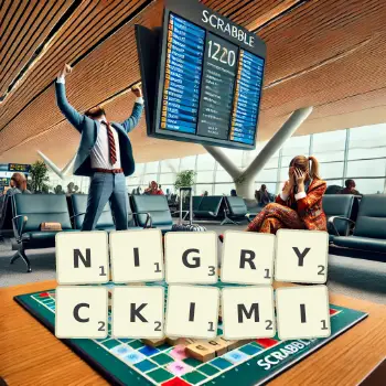 Kreatywna ilustracja do gry w Scrabble ze słowem NIGRYCKIMI ułożonym z płytek na planszy.