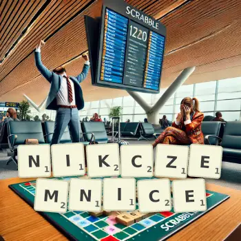 Kreatywna ilustracja do gry w Scrabble ze słowem NIKCZEMNICE ułożonym z płytek na planszy.