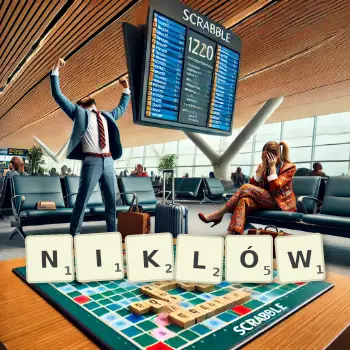 Kreatywna ilustracja do gry w Scrabble ze słowem NIKLÓW ułożonym z płytek na planszy.