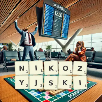 Kreatywna ilustracja do gry w Scrabble ze słowem NIKOZYJSKI ułożonym z płytek na planszy.