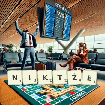 Kreatywna ilustracja do gry w Scrabble ze słowem NIKTŻE ułożonym z płytek na planszy.