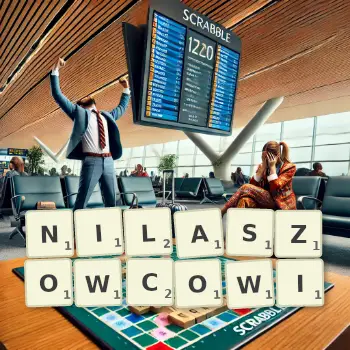 Kreatywna ilustracja do gry w Scrabble ze słowem NILASZOWCOWI ułożonym z płytek na planszy.