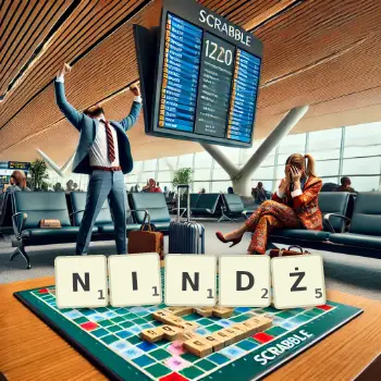 Kreatywna ilustracja do gry w Scrabble ze słowem NINDŻ ułożonym z płytek na planszy.
