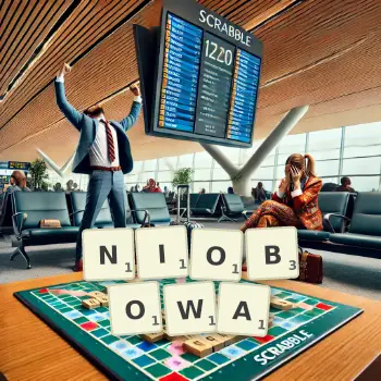 Kreatywna ilustracja do gry w Scrabble ze słowem NIOBOWA ułożonym z płytek na planszy.