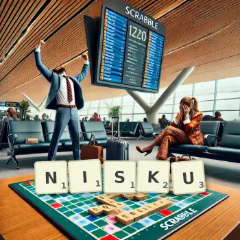 Kreatywna ilustracja do gry w Scrabble ze słowem NISKU ułożonym z płytek na planszy.
