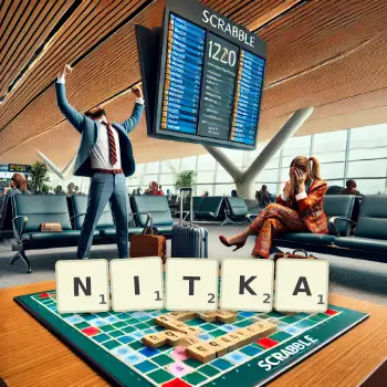 Kreatywna ilustracja do gry w Scrabble ze słowem NITKA ułożonym z płytek na planszy.