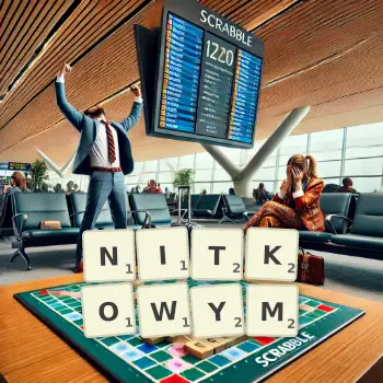 Kreatywna ilustracja do gry w Scrabble ze słowem NITKOWYM ułożonym z płytek na planszy.