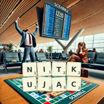 Kreatywna ilustracja do gry w Scrabble ze słowem NITKUJĄC ułożonym z płytek na planszy.