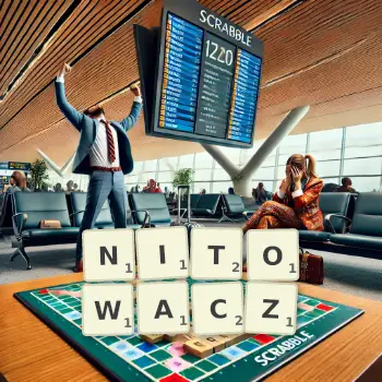 Kreatywna ilustracja do gry w Scrabble ze słowem NITOWACZ ułożonym z płytek na planszy.