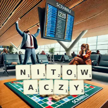 Kreatywna ilustracja do gry w Scrabble ze słowem NITOWACZY ułożonym z płytek na planszy.