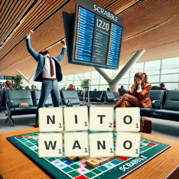 Kreatywna ilustracja do gry w Scrabble ze słowem NITOWANO ułożonym z płytek na planszy.