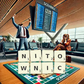 Kreatywna ilustracja do gry w Scrabble ze słowem NITOWNIC ułożonym z płytek na planszy.